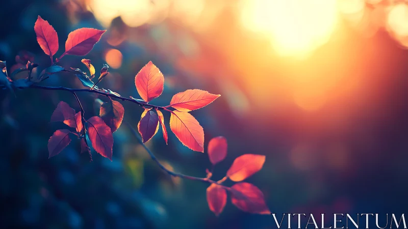 Autumn branch with red leaves in dreamy sunset bokeh style.