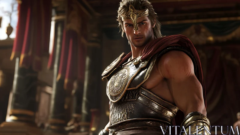 Golden armored warrior stands in opulent imperial hall.