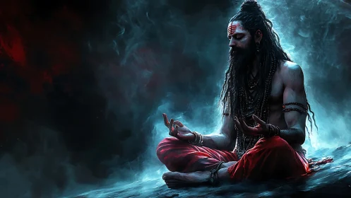 Mystic yogi meditates within swirling ethereal smoke