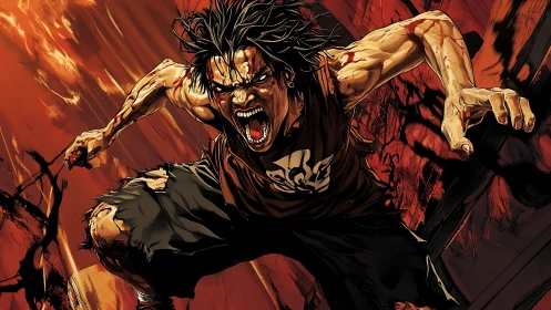 Feral street warrior lunges through a burning urban maelstrom.