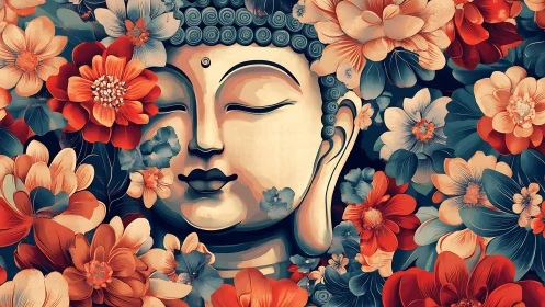 Gentle Buddha dreaming amid bold blossoms and quiet light.