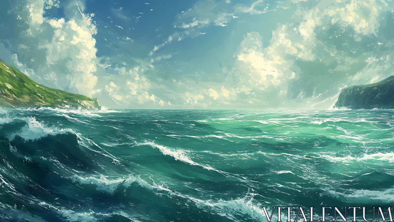 Storm-tossed turquoise sea under vast luminous sky.