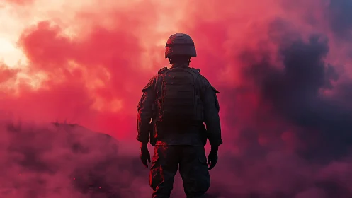 Soldier stands in dense red smoke under diffused backlight