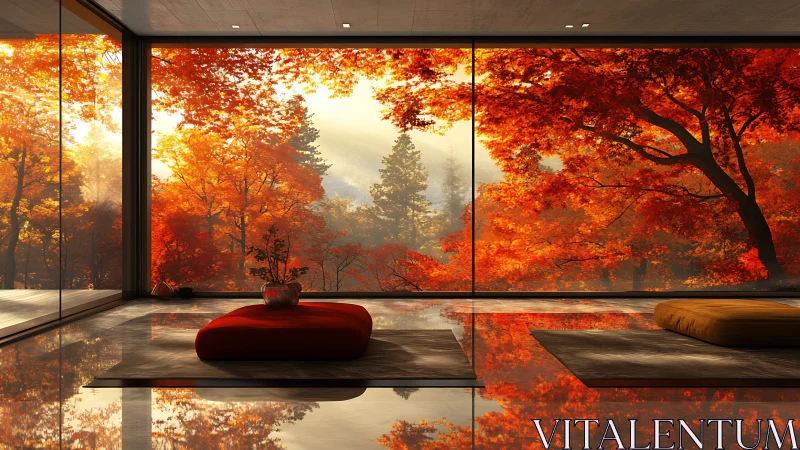 Minimalist zen lounge opens onto glowing autumn forest view