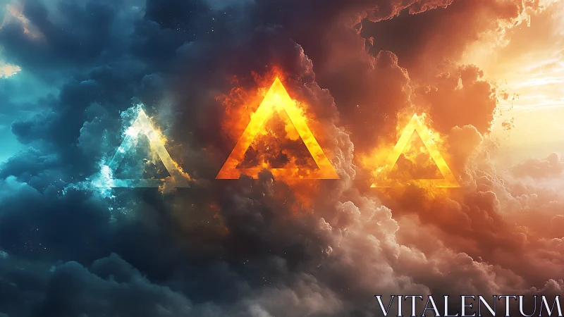 Triangular elemental portals ignite storm-split skyscape.