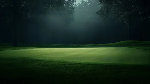 Low-angle morning light models a golf green amid dense forest