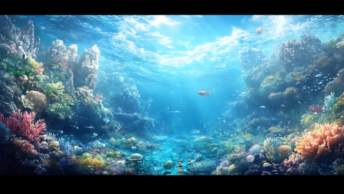 Colorful coral reef under clear blue tropical seawater.