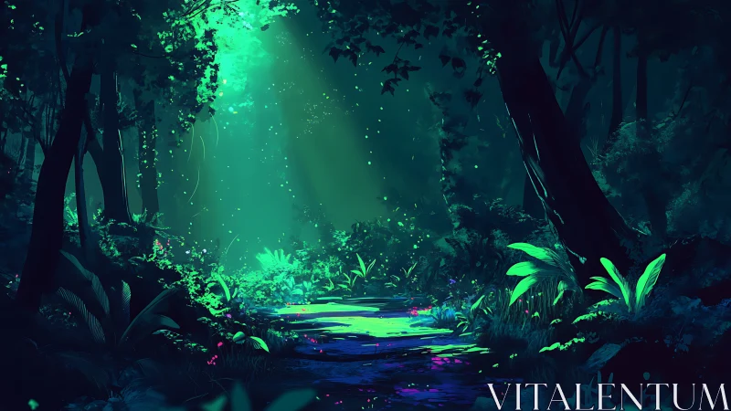 Luminous Forest Stream with Bioluminescent Flora.