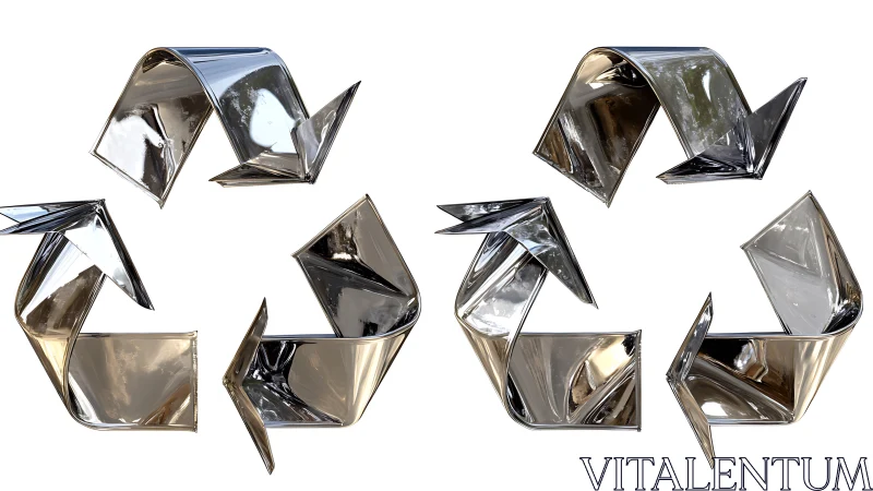 Folded chrome recycle symbols in mirrored minimalist layout.