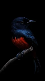 Midnight Songbird: Crimson-Breasted Beauty Perched in Shadow.