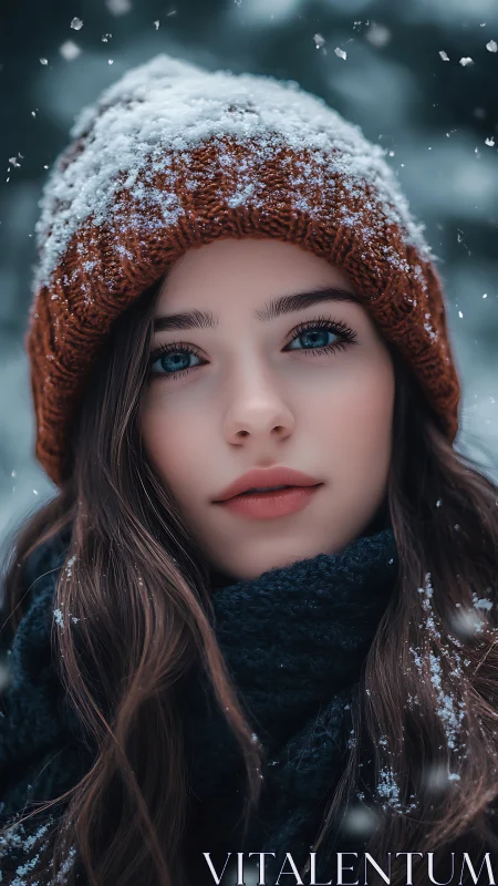 Winter portrait highlights icy blue eyes, soft snowfall