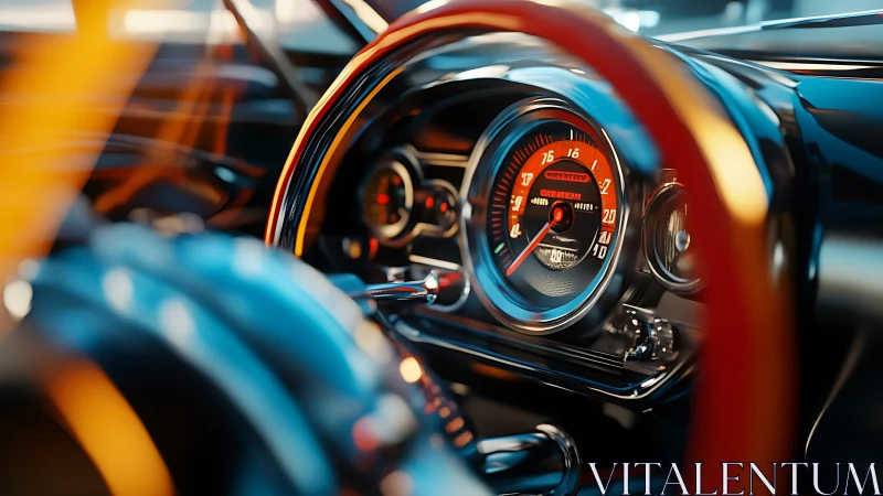 Chrome speedometer haloed by neon sunrise steering wheel.