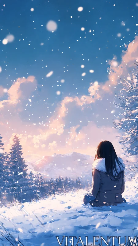 Solitary figure seated in snowy landscape at twilight.