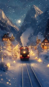 Steam train moves through illuminated snowy mountain village