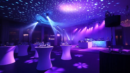 Purple uplighting transforms modern cocktail event venue