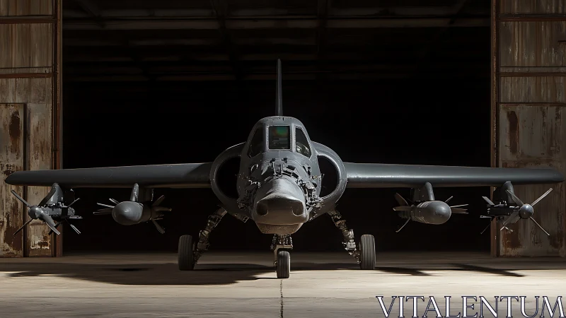 Front-on tactical attack aircraft in hangar, armed and shadowed