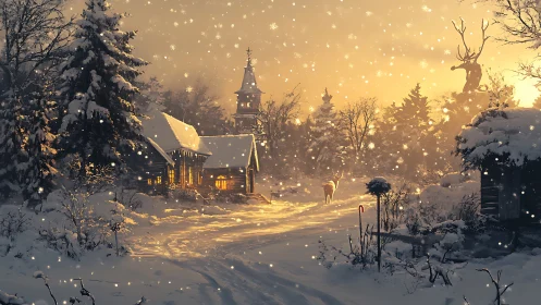 Snowy forest cabins at dusk with deer and antler figure.