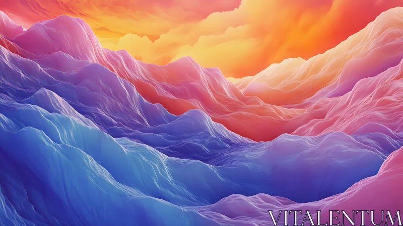 Vibrant glowing terrain ripples under radiant orange sky