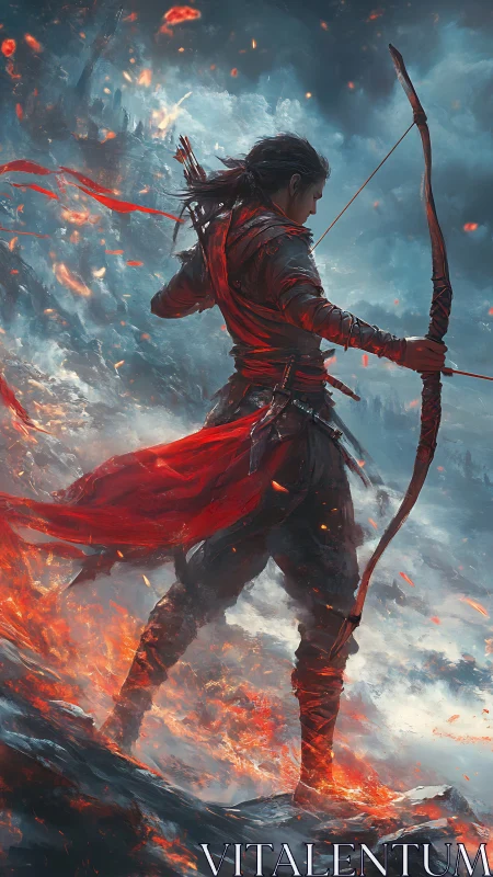 Archer in red standing over burning volcanic ridge.