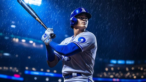 Focused baseball player ready to swing under glowing rain.