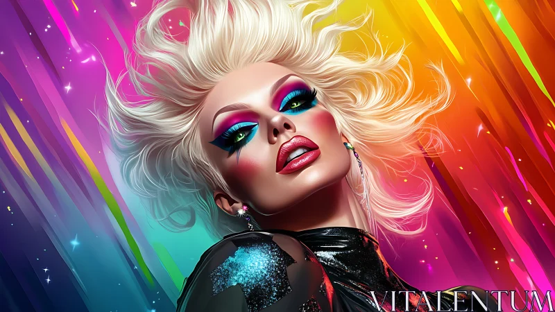 Bold drag-inspired portrait against neon rainbow streaks.