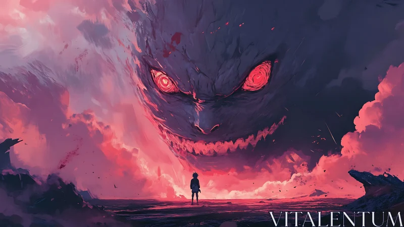 Solitary warrior confronts colossal demonic storm face