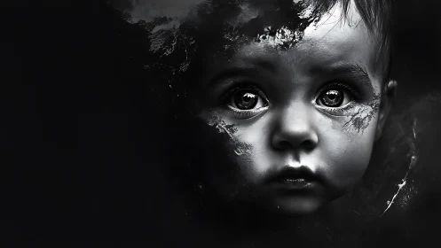 High contrast monochrome portrait of child with abstract overlays.