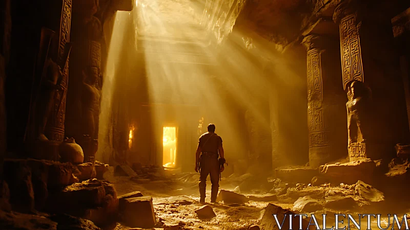 Explorer in illuminated ancient stone temple interior corridor.