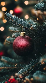 Sparkling red ornament nestled on a dreamy holiday tree.