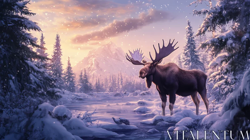Bull moose stands in snowy river under pastel winter sunrise