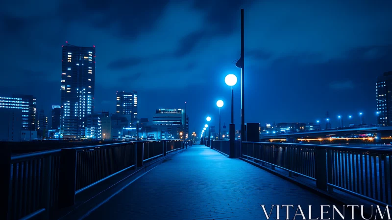 Blue lit urban bridge walkway under night city skyline.