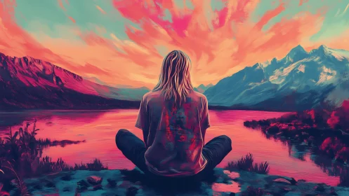 Solitary figure studies neon dusk over mirrored mountains.