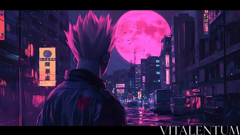 Neon‑lit wanderer watches colossal pink moonrise above city.