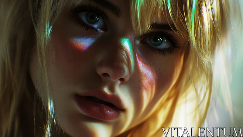 Spectral refraction across hyperreal blonde portrait study.