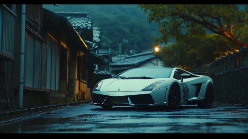 White sports car on wet narrow street at dusk in town.