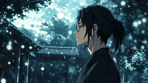 Solitary figure in moonlit garden with cinematic bokeh glow.