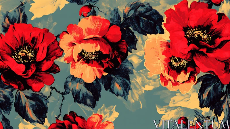 Vibrant Botanical Floral Design with Red Poppies.
