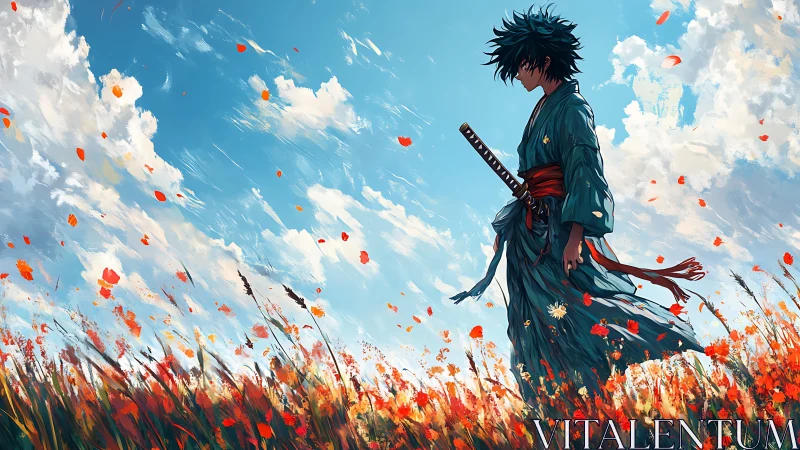 Samurai silhouette traverses wind-swept poppy field under dynamic sky