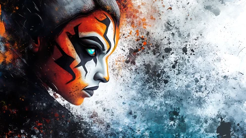 Warrior profile in explosive orange and ice splatter storm.