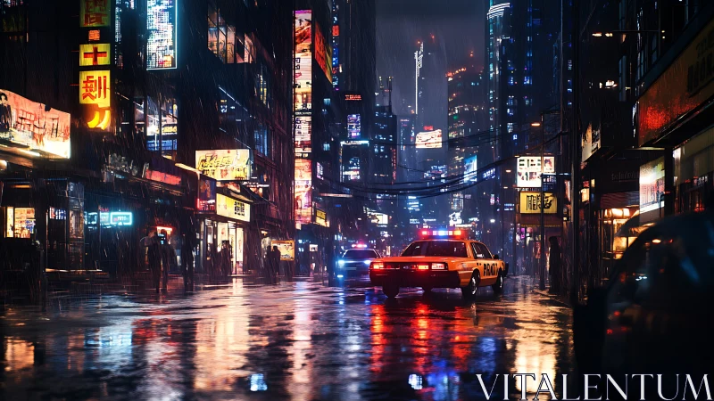Police car patrols neon soaked street in dense futuristic city