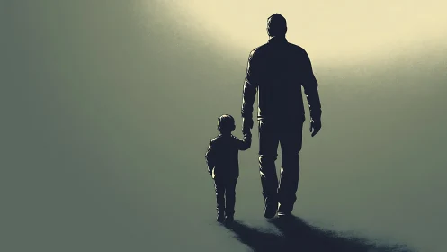 Silhouetted parent and child walking into diffuse golden light.