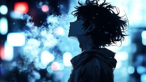 Silhouetted teen exhales mist under neon city lights at night.