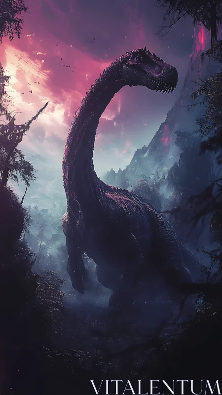 Colossal sauropod roams neon mist forest at dusk