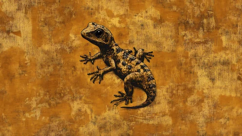 Digital gecko illustration on textured ochre abstract ground.