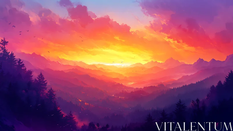 Sunset illuminates layered mountain ranges and forest valley