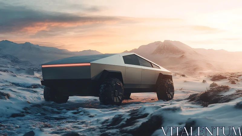 Low-poly electric off-road truck in winter alpine tundra