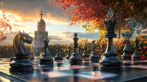 Outdoor chessboard with black pieces in autumn garden.