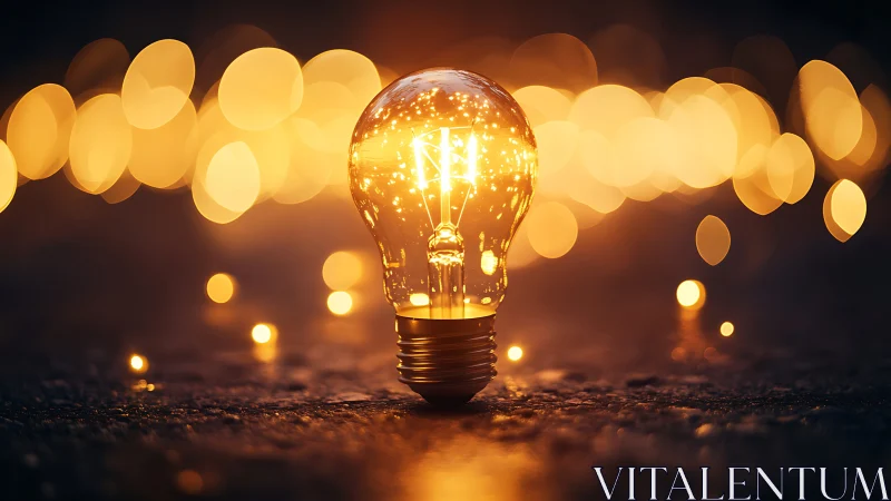 Glowing light bulb rests on dark ground amid golden bokeh.