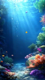 Sunlit coral reef scene with colorful tropical fish below.