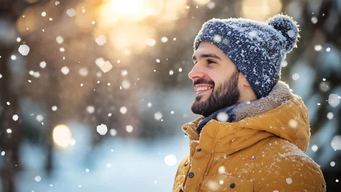 Man in winter clothing stands in falling snow at sunset